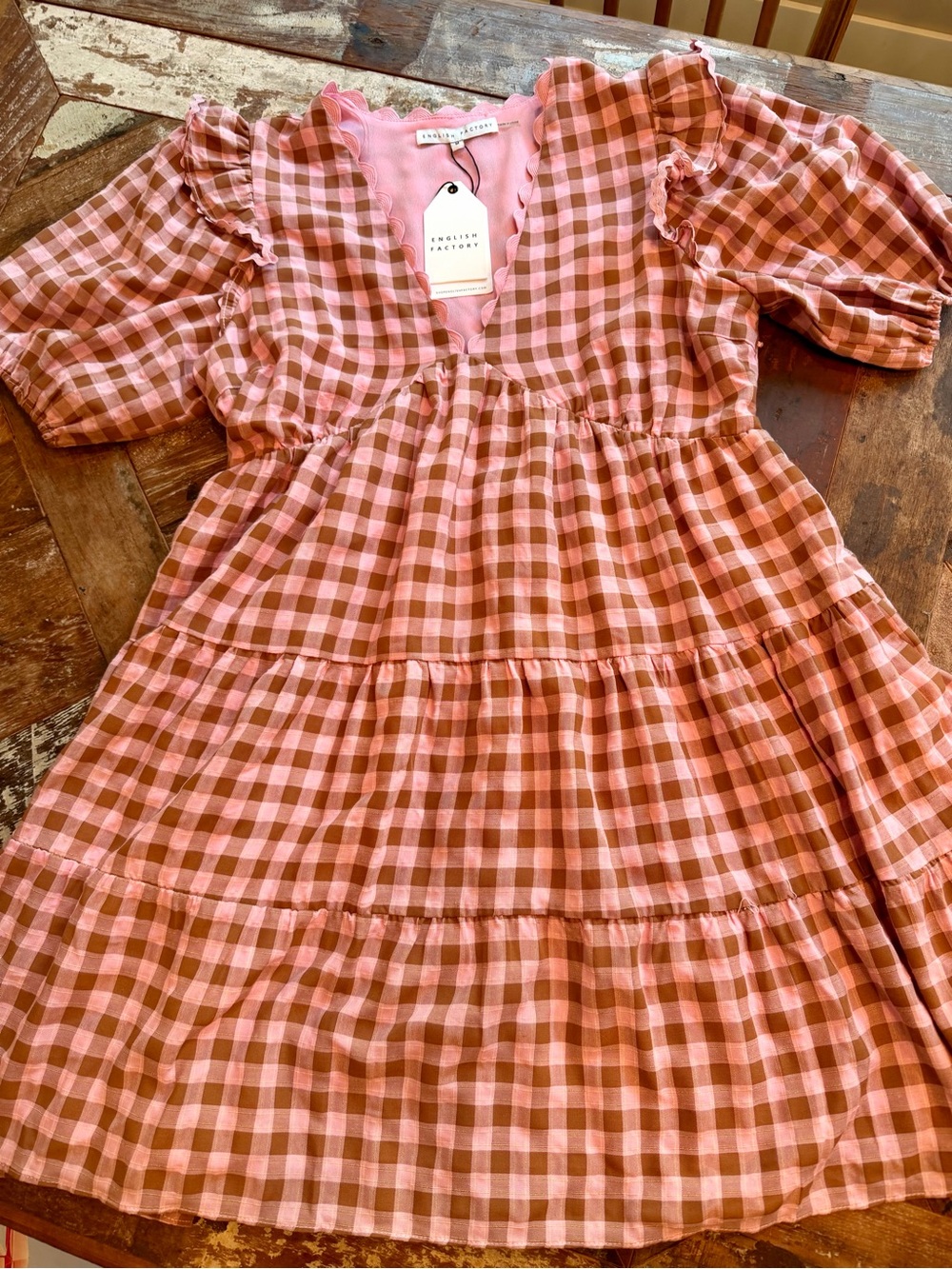 English Factory Pink & Brown Gingham Tiered Dress